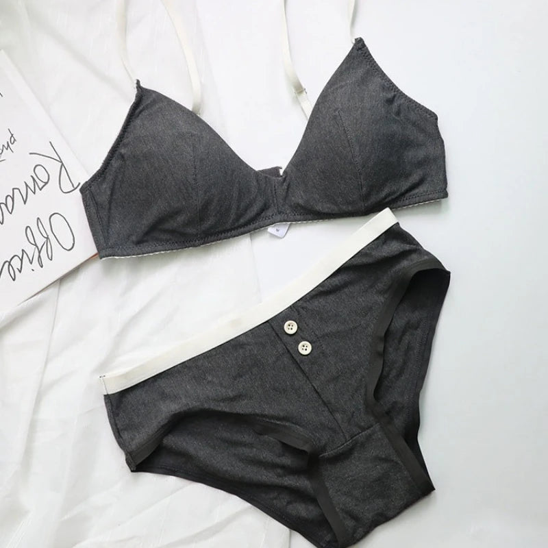 Sexy Women Underwear Set French Thin Cup Deep V Push Up Bra Summer Solid Wire Free Comfort Seamless Lingerie and Bra Briefs Set