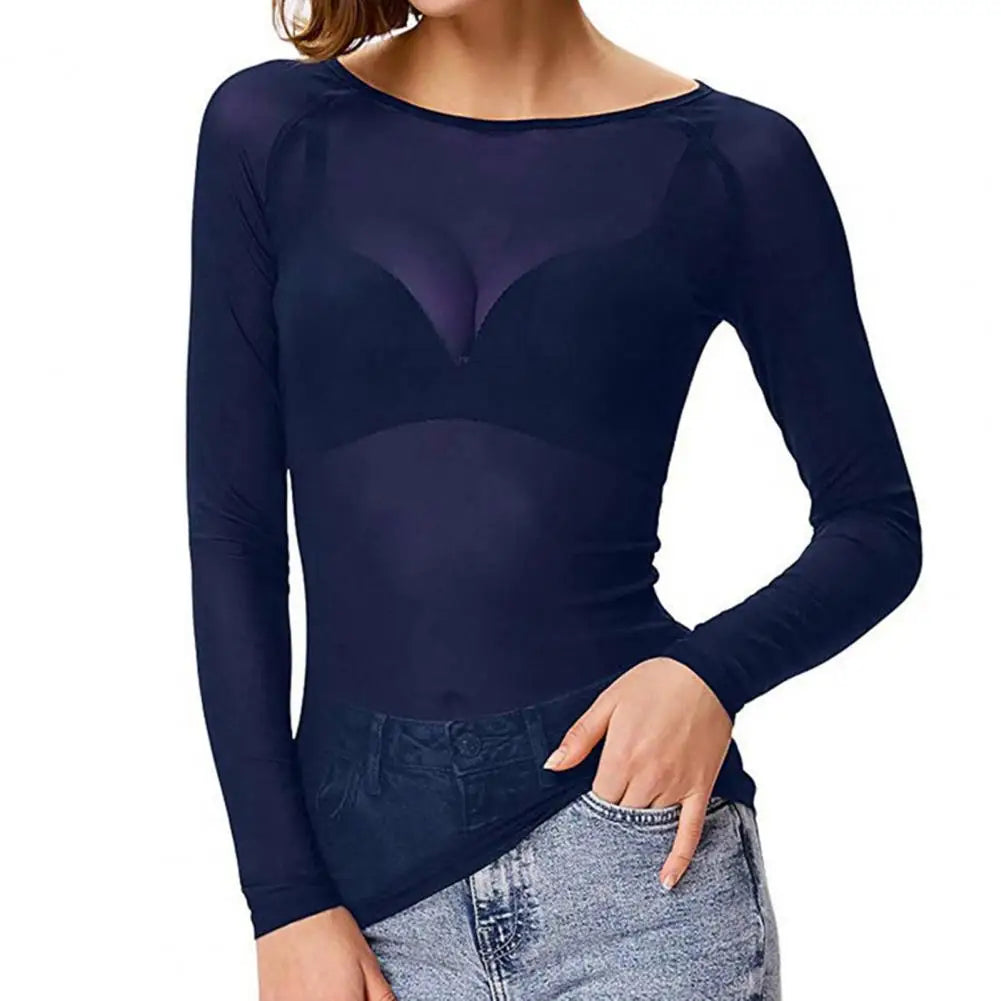 See-through Black Mesh Pullover Tops Women Sexy Skinny Tops O-Neck Long Sleeve Transparent Punk Club Tee Shirt