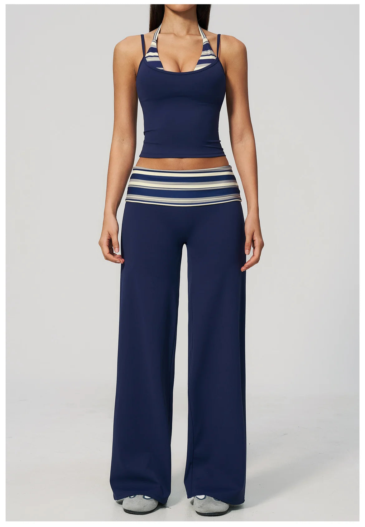 Women's 2 Piece Yoga Set Halter Neck Crop Top Fold Over Waist Wide Legged Flare Trousers Polka Dot Striped Gym Workout Running