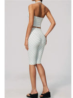 New Summer Women White Polka Dot Print Yoga Sets Hanging Neck Slim Sport Vest High Waist Mid Pants Gym Two-piece Workout Clothes