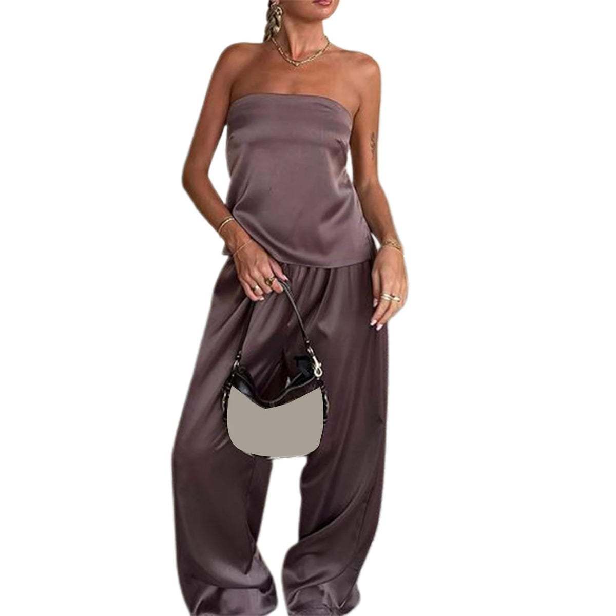 Women 2 Piece Pant Outfits Bandage Backless Bandeau Tops and Elastic Wide Leg Pants Set Streetwear Aesthetic Summer Clothes