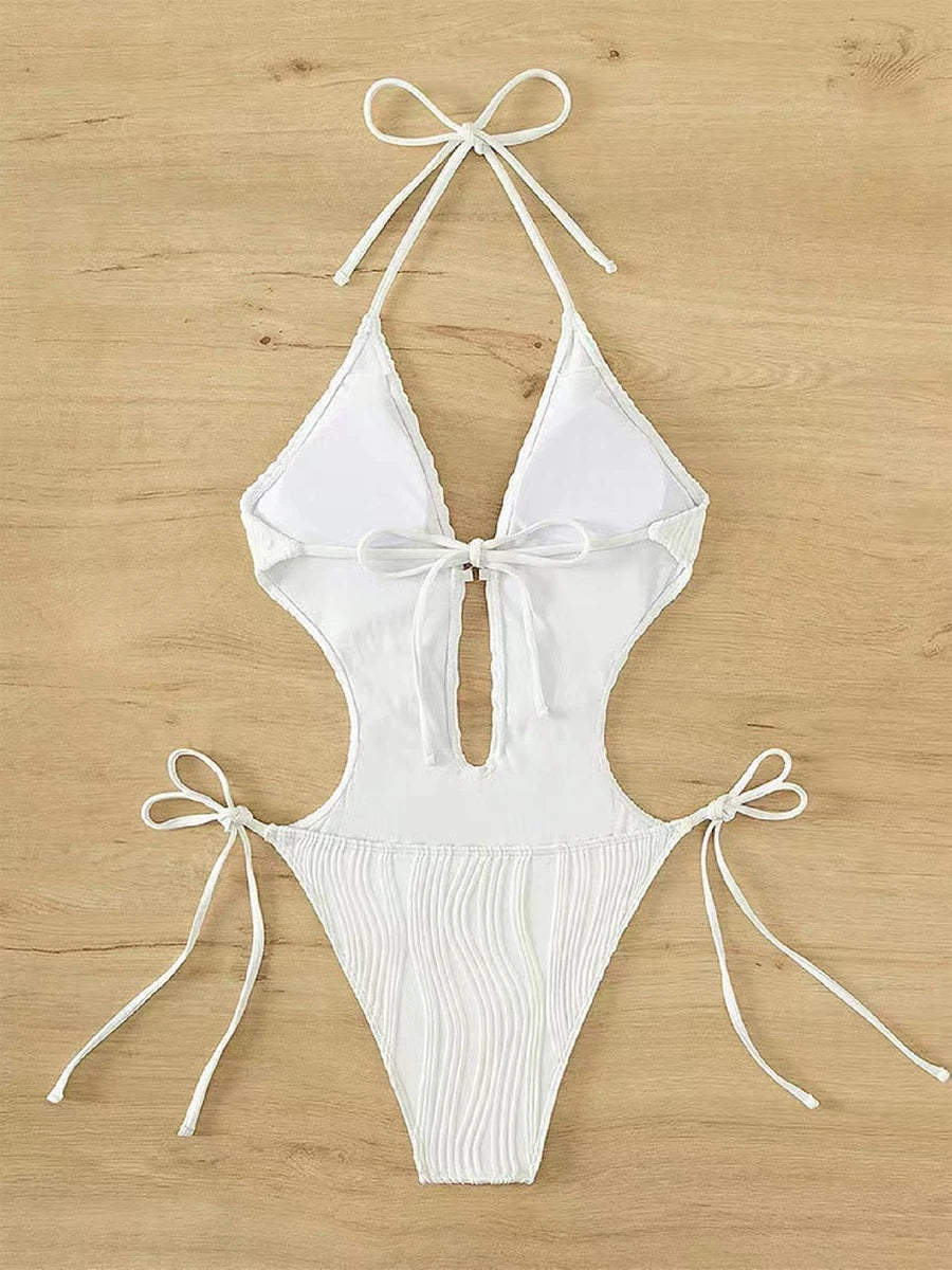 Monokini 2026 Drawstring Swimsuit One Piece Sexy Solid Hollow Swimwear Women Bathing Swimming Swim Suit Padded Beachwear Summer