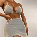 S - XL New With Skirt Ribbed Halter Bikini Female Swimsuit Women Swimwear Three-pieces Bikini set Bather Bathing Suit Swim V4351