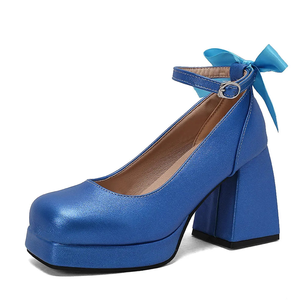 Big Size 48 Sweet y2k Pink Mary Janes Pumps Blue Ribbon Knot Block High Heels Shoes Women White Party Wedding Platform Shoes