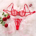Romantic Honeymoon Lingerie for Women Red Mesh Heart Embroidery Sexy Transparent Underwear Half Cup Underwire Bra&Panty Set