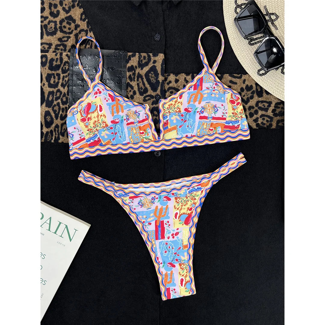 Sexy Printed V Shaped High Leg Cut Bikini Women Swimwear Female Swimsuit Two-Pieces Bikini Set Bather Bathing Suit Swim V4745