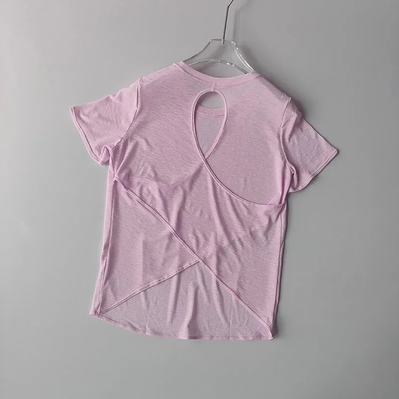 Women's Quick Drying Hollow out Back Sports T-Shirt Yoga Suit Top Short Sleeve Fitness Cover up