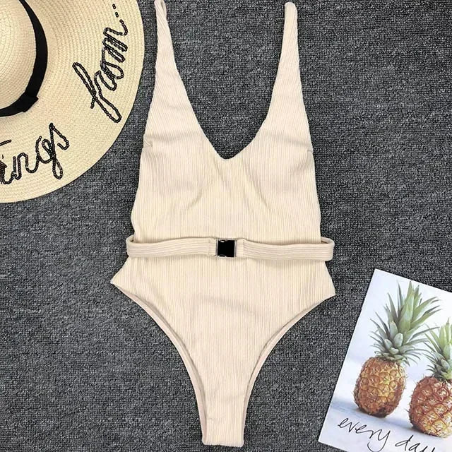 V Neck Ribbed High Cut Women Swimwear One Piece Swimsuit Female Backless Monokini with Waist Belt Bathing Suit Swim Beachwear