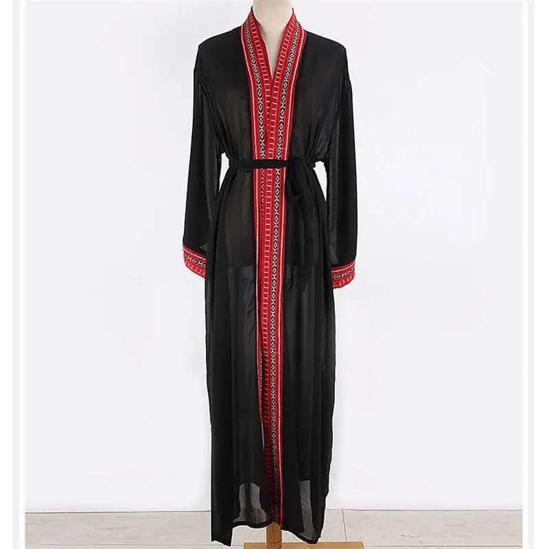 White Chiffon Long Maxi Kimono Cardigan Women Beach Cover Up Embroidery Edge with Belt Tunica Kaftans Femininos Beachwear 2026
