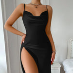 Women's Sexy Nightgown Solid Silk Satin Slip Nightdress Sleepwear Draped Collar Split Backless Sleep Maxi Long Dress Nighties