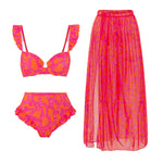 2024 Sexy Sling Ruffle Solid Two Pieces Bikini Women High Waist 3D Flower Swimsuit Skirt Summer Backless Beachwear Bathing Suit