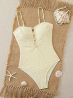 Vintage Coffee Leaves Print One Piece Swimsuit 2026 Women Beaded String Hollow Out Backless Mesh Slim Fit Tummy Control Swimwear