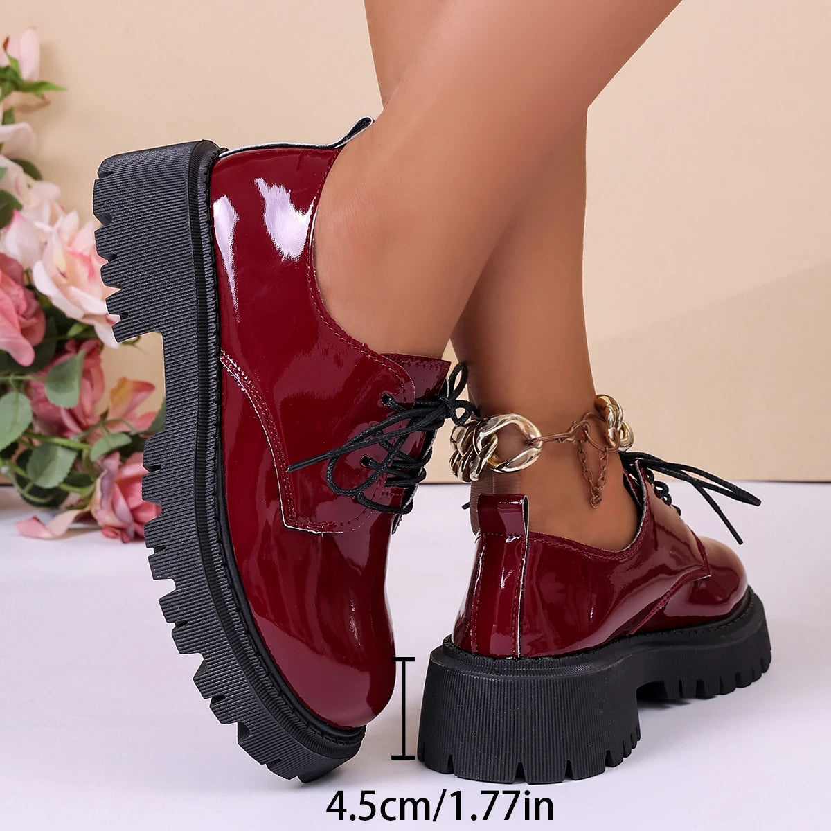 Women Patent Leather Platform Oxford Shoes Lace Up Chunky Lug Sole Round Toe Retro Sweet Cool Casual Dress Shoes