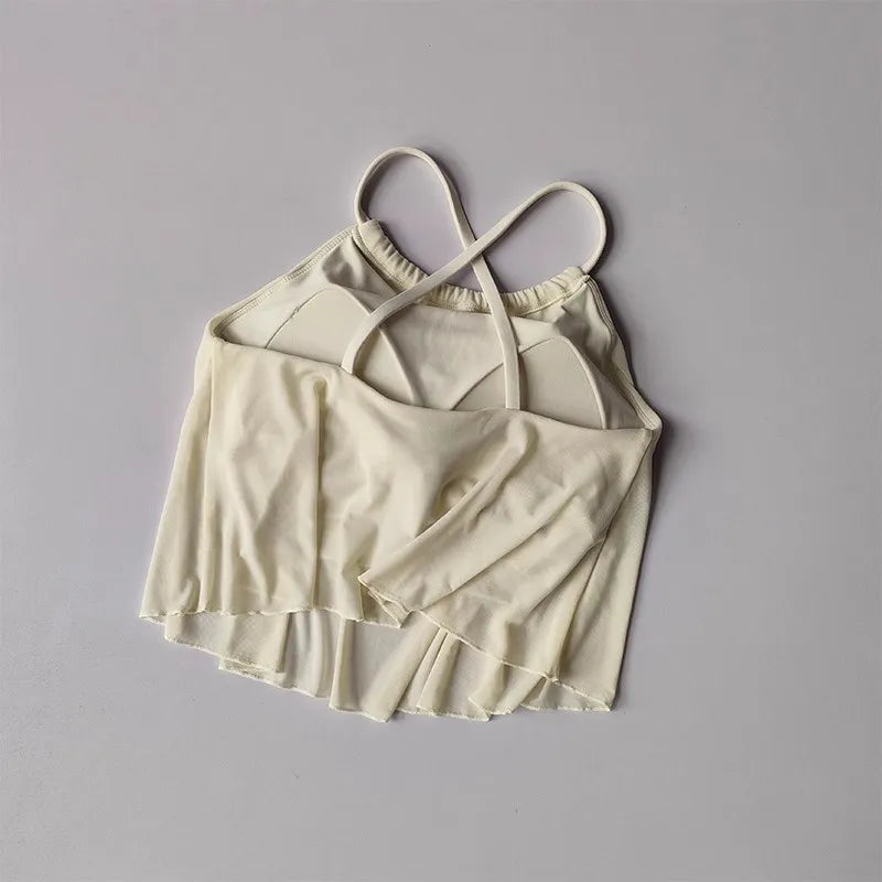 Women's Mesh Yoga Sports Camisole Vest Beautiful Back Pilates Training Outerwear Top Fake Two-Piece Sports Bra Design