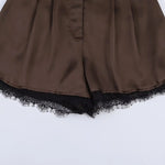 Women's Fashion Satin Texture Casual Style Shorts Elegant Brown Satin Pleated Shorts For Women High-Waisted Black Lace Trim PPDS