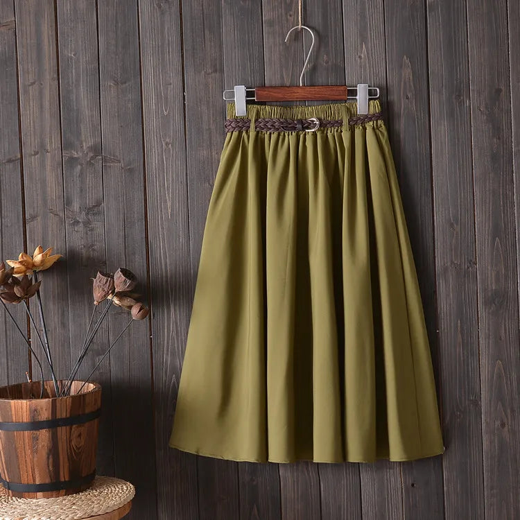 Midi Knee Length Summer Skirt Women With BeltFashion Korean Ladies High Waist Pleated A-line School Skirt Female