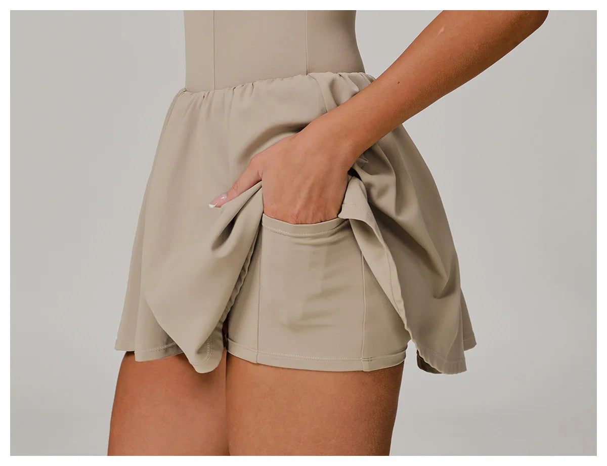 Women Front Zipper Tennis Dress Fake Two-piece Pieces Stand Up Collar Slim Fit Soft Sports Sets Fitness Pocket Skorts Yoga Suits