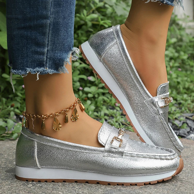 Gold Silver Metal Chain Flats Shoes Women Spring Autumn Plus Size Platform Loafers Woman Slip On Soft Bottom Casual Shoes Female