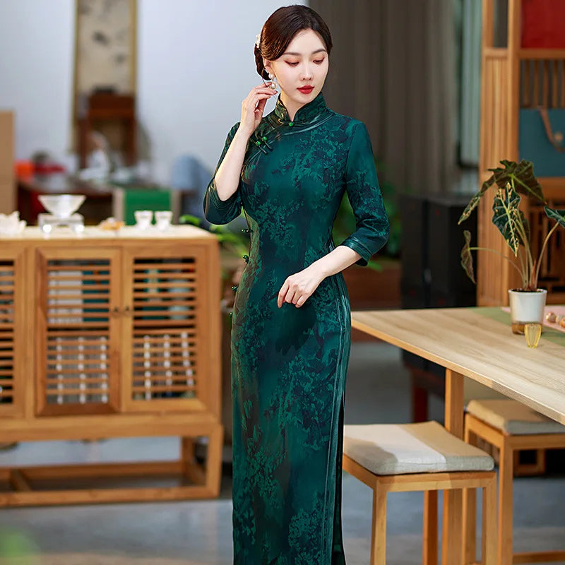Chinese Traditional Style Evening Qipao Dress For Women Large Size 5XL Vestidos Autumn Stand Collar Print Floral Long Cheongsam