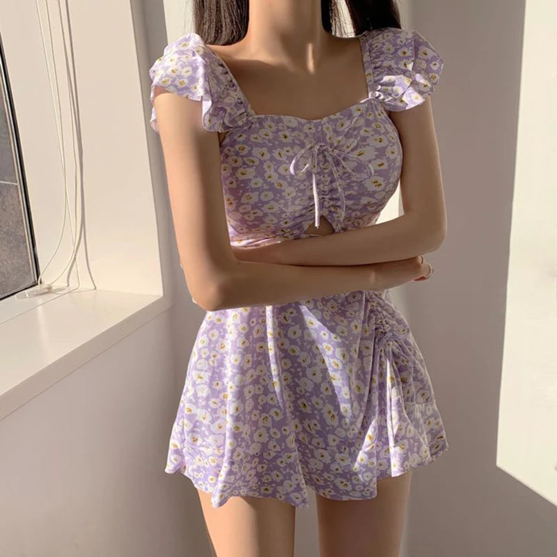 Vintage Blue Floral Print Korean Swimsuit Dress One Piece Swimwear Women 2026 Beach Wear Ruffled Drawstring Swimming Suit Bather