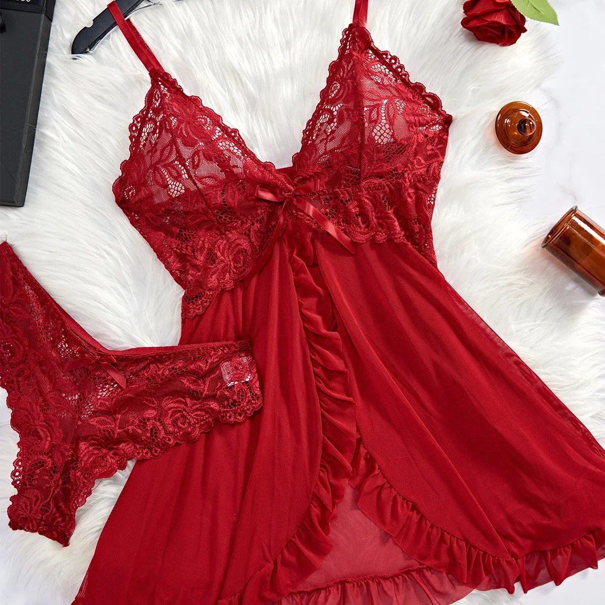 Tulle Suspenders Lace V-Neck Sleepwear Underwear Semi-transparent Night Dress Women's Sexy Lingerie Nightgowns Nighties