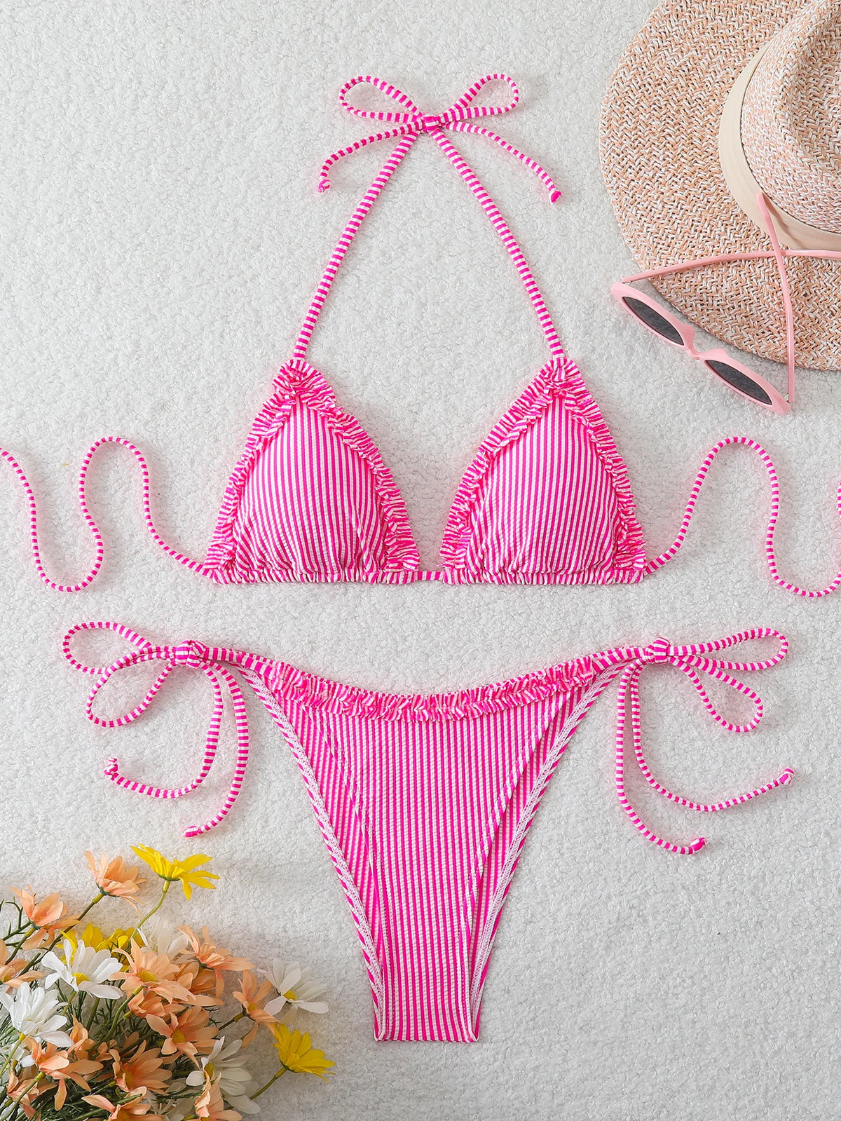 Halter Triangle String Bikinis 2026 Women Sexy Striped Swimsuit RuffleSwimwear Female Bathers Bathing Swimming Swim Suit