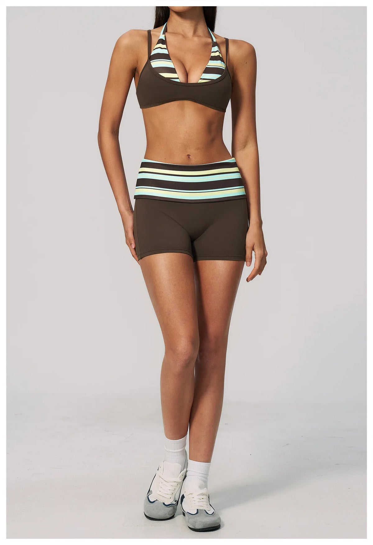 Breathable Striped Patchwork Yoga Clothing Women Fake Two-piece Sports Bra Folding High Waist Shorts Gym Running Fitness Suit