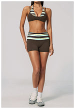 Breathable Striped Patchwork Yoga Clothing Women Fake Two-piece Sports Bra Folding High Waist Shorts Gym Running Fitness Suit