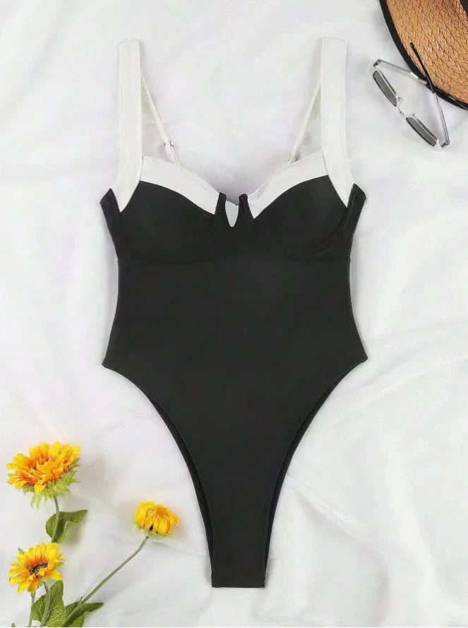 Push Up One Piece Swimsuit Women Backless Bodysuit Black White Swimwear Thong Beach Wear 2025 Contrast Color Bathing Suits Pool