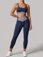 Summer Color-block Yoga Sets Women Thin Strap Open Back Shockproof Sports Bra Tight High Waist Leggings Training Fitness Suits