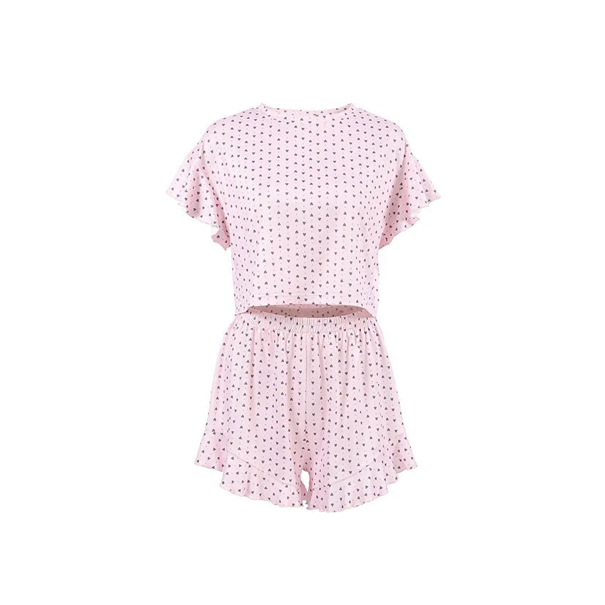 Summer New Women's Sleepwear Home Wear Casual Loose Short-Sleeved Crop Top Shorts Two-Piece Set Pink Heart Printed Sleepwear