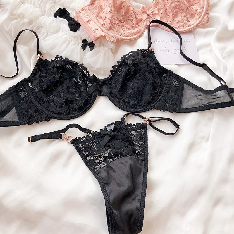 French Ultra Thin Bra Set Sexy Lace Embroidery Women Underwear Luxury Rhinestones Brassiere and Thongs Pink Lingerie 2 Piece Set