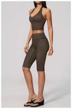 New Summer Women White Polka Dot Print Yoga Sets Hanging Neck Slim Sport Vest High Waist Mid Pants Gym Two-piece Workout Clothes
