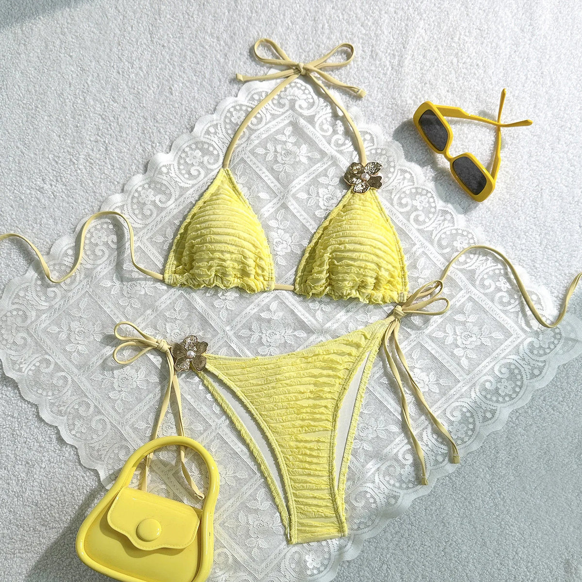 Sexy White Yellow Micro Bikini 2026 Women Metal Flower Push Up Bra Bandage Triangle Swimsuit Beach Bathing Suit Holiday Swimwear