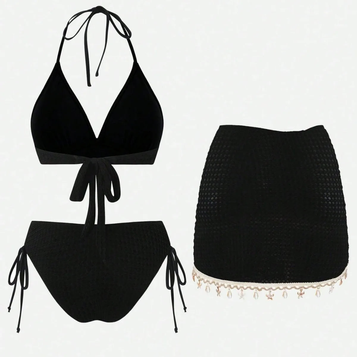 Vintage Black Starfish Shell Ornament Bikini Set 2026 Women Tassel Skirt 3 Piece Swimsuit Summer Bathing Suit Holiday Swimwear