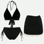 Vintage Black Starfish Shell Ornament Bikini Set 2026 Women Tassel Skirt 3 Piece Swimsuit Summer Bathing Suit Holiday Swimwear