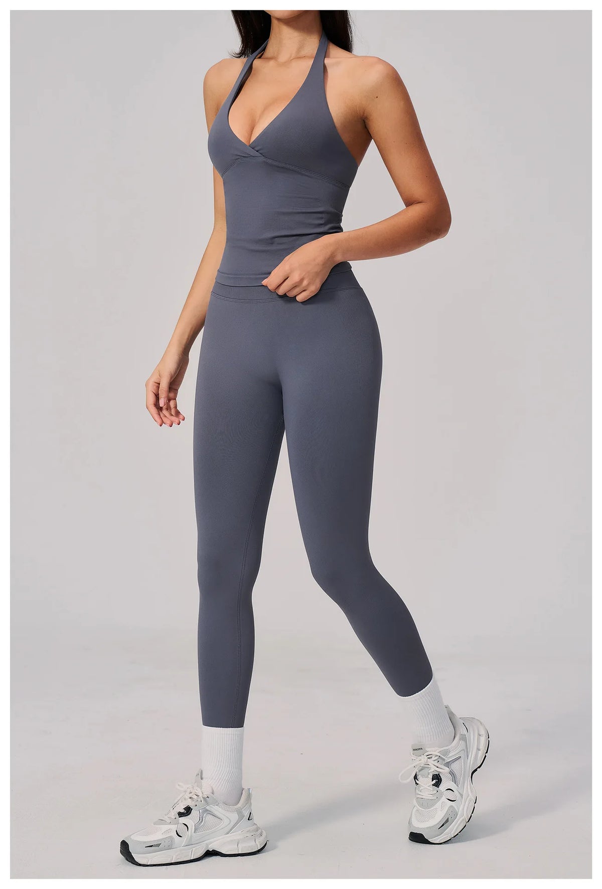 Summer Seamless Yoga Sets Women V Neck Slim Sports Tank Top Fitness Suit Peach Hip High Elasticity Leggings Running Tracksuit