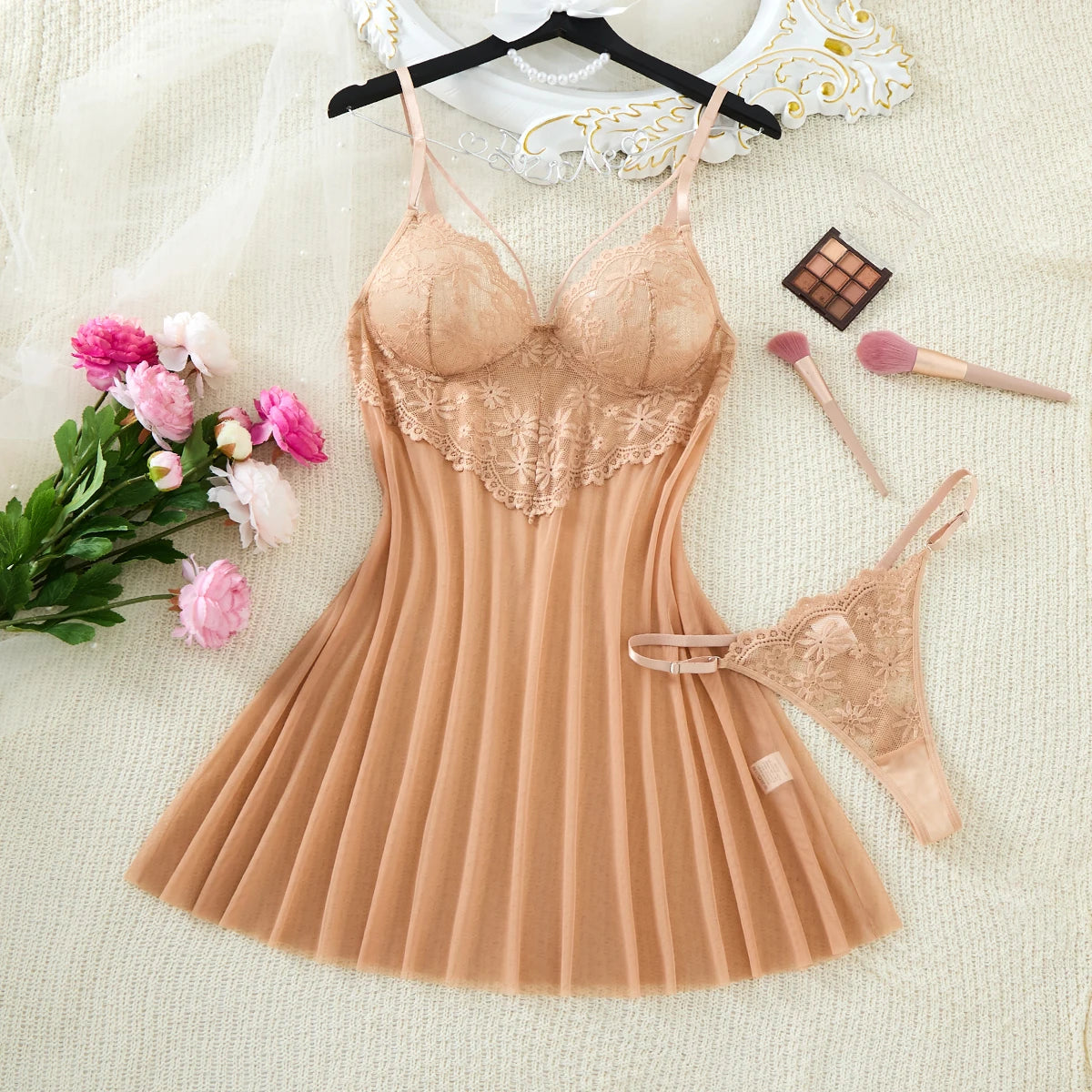 Champagne Daisy Floral Lace Sheer Mesh Babydoll Lingerie Set Slip Nightdress With Matching Thong Women Sexy Sleepwear ZA825096