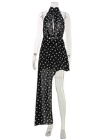 Ahagaga Fashion Maxi Dresses Women Sexy Halter Neck Hollow Out High Split Polka Dot Print Elegant Party Vacation Beach Vestidos