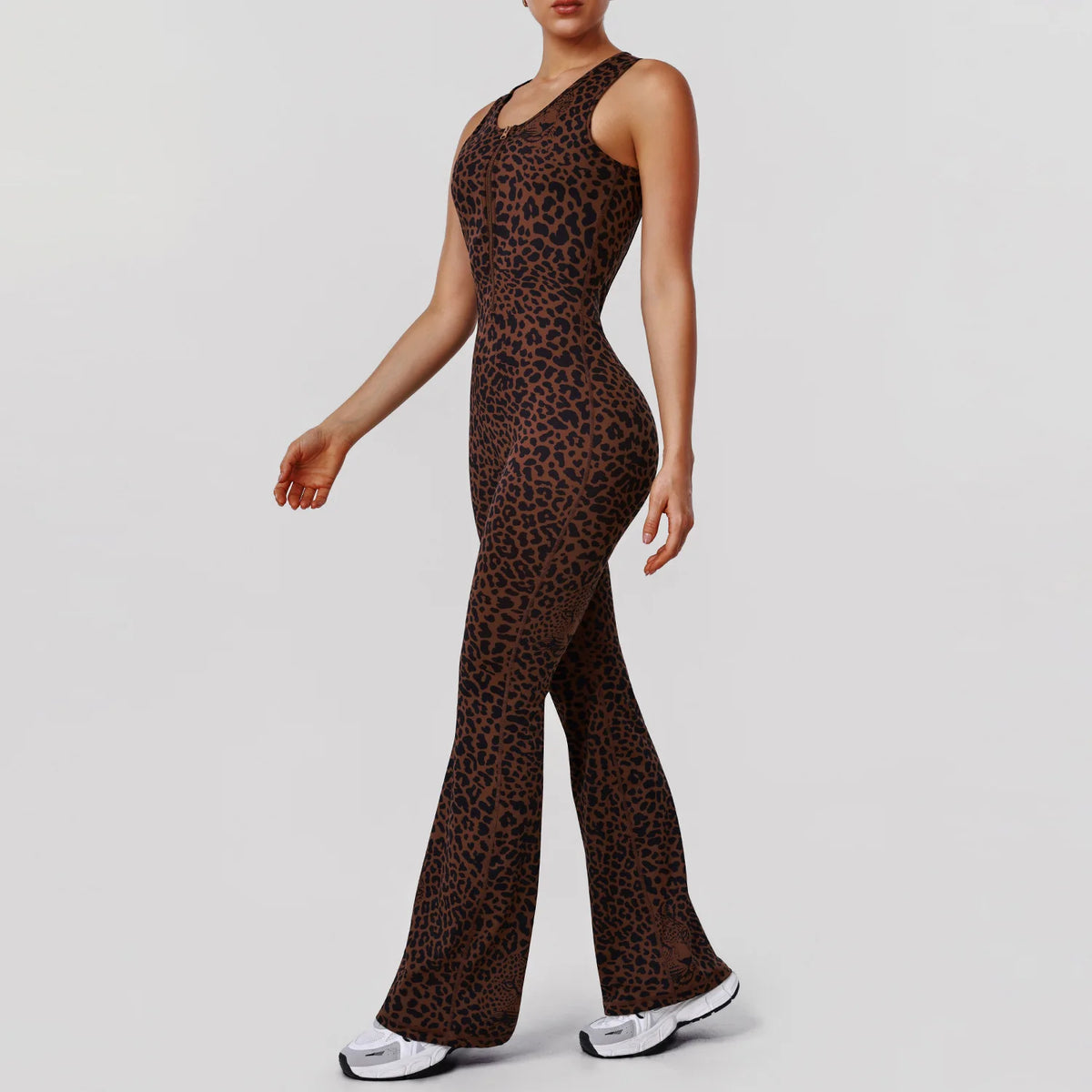 Sexy Brown Leopard Print Yoga Jumpsuit Women Hollow Out Backless Sleeveless Slim Gym Running One Piece Flare Pants Sports Suit