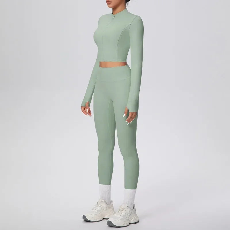 New Women Yoga Set Solid Color Double-Sided Brushed Bare Feel Short Long-Sleeve Jacket Tight Pants Running Fitness 2-Piece Set