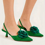 2026 Big Size 43 Summer Women's Pointy Toe Kitten Heels Slingback Satin Sandals Elegant Sandal Rose Flower Office Lady Shoes