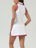Summer Women's Tennis Dress White Contrast 2-in-1 Tennis Golf Sports Dresses Polo Collar Zipper Slim Split Fitness Dress