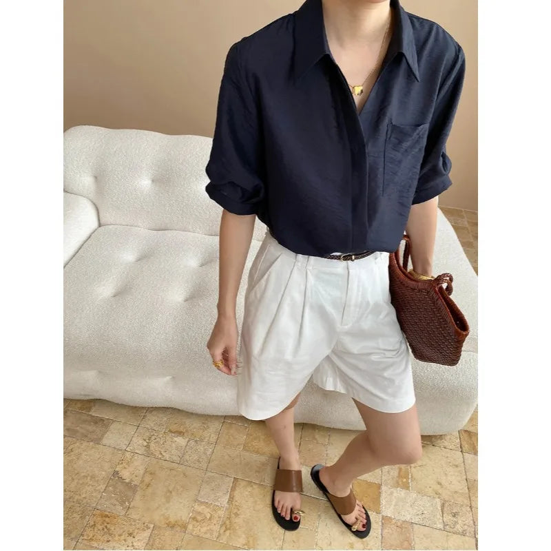Turn-Down Collar Loose Short-Sleeve Shirt Women White Short Sleeve Shirt Chest Pocket V Neck Button Casual Summer Blouse H9EH