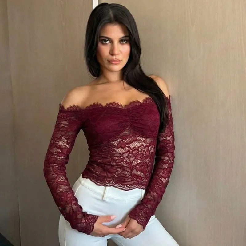 FDYOUI 2026 Spring Summer Wine Red Lace T-shirts for Women Slash Neck Slim Crop Tops Sexy Elegant See-through Short Tee Shirt