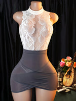 Women Lace Lingerie Dress Set, Halter Neck Floral Mesh Bodycon Mini Dress with Panties, Elegant Secretary Role Play Costume