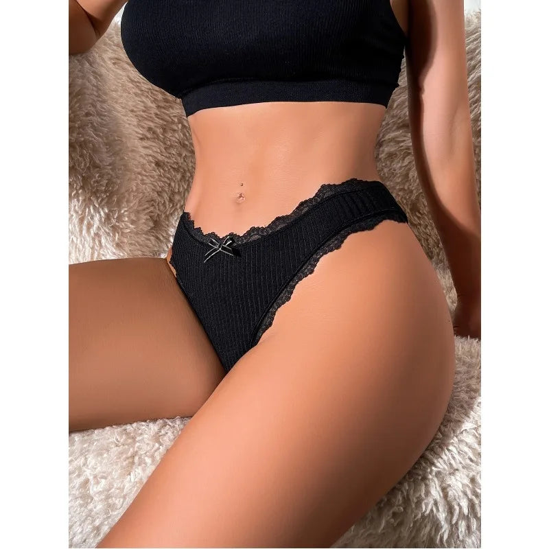 1pcs Plus Size Women's Mid-Waist Thong Panty Cute Girl Style Seamless Bowknot Lace Panties Trim Lightweight Breathable Underwear