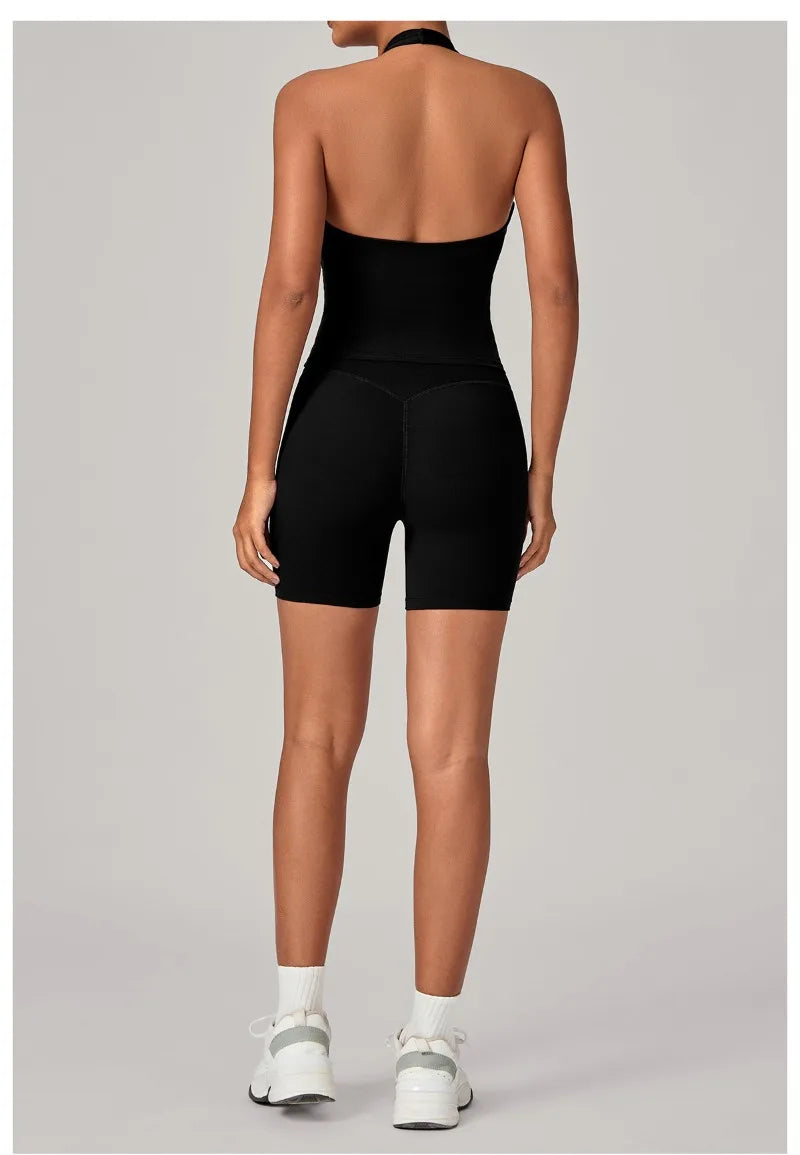 Women's Seamless Yoga Fitness Sets Sports Halter Neck Backless Vest Hip-lifting Slim Fit Shorts Suits Running Workout Gym Sets
