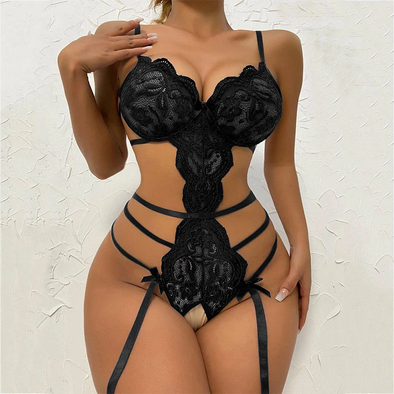 Best Seller New Model Adult Semi Transparent Lace No Crotch Underwear Suspender Women's Sexy Bra Lingerie Straps Party Jumpsuit