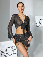 Summer Sleepwear Starry Sky Mesh Pajamas Set Women Flared Sleeve V-Neck Crop Top+Drawstring Bodycon Skirt 2 Pieces Shiny Pajamas